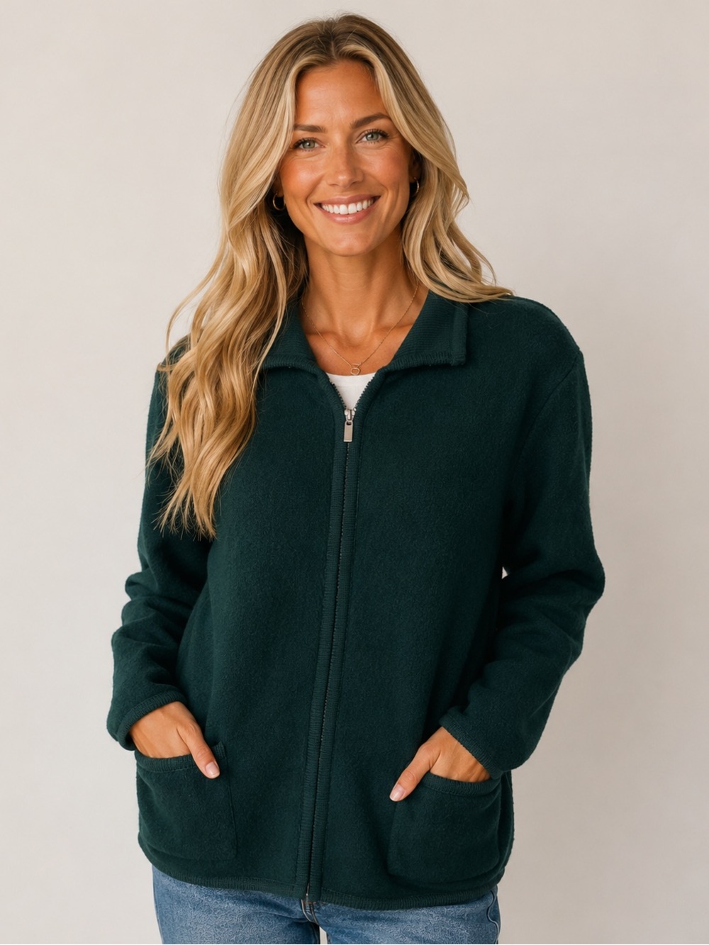 Vintage Talbots Wool Zip Cardigan Sweater Forest Green Collared Size M